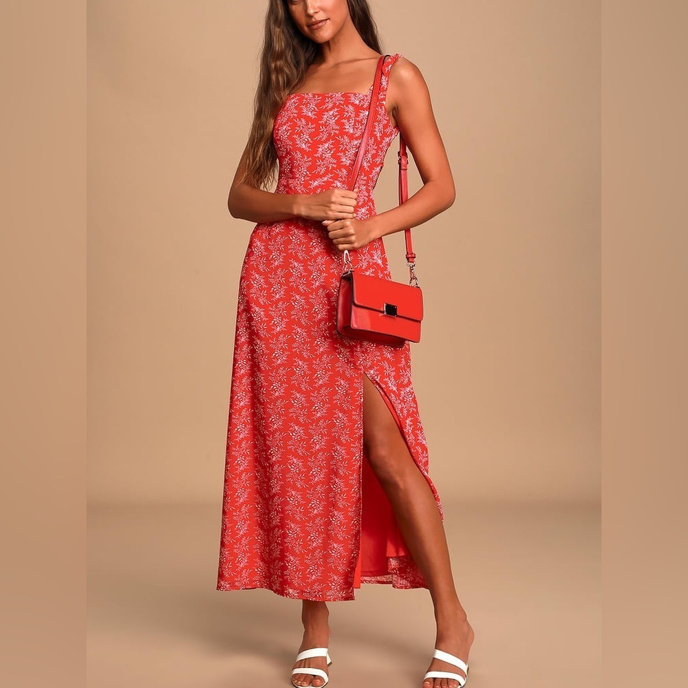 Lulus Back to Backless Red Floral Print Lace-Up Mix Slit Flowy‎ Dress